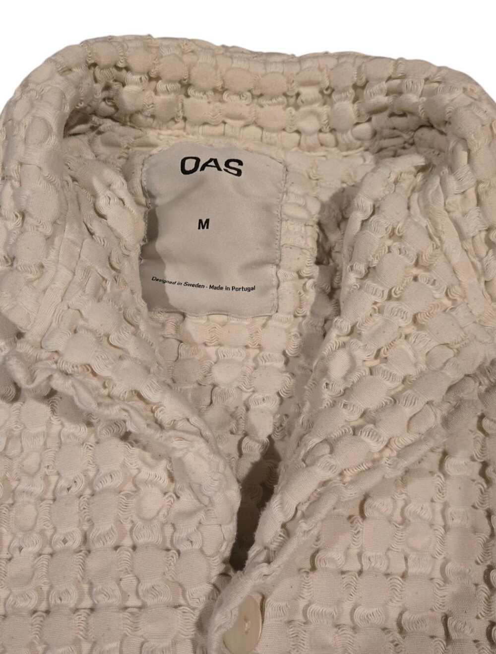 OAS Cuba Waffle Camp Knit Short Sleeve Ecru Button Down Shirt M - Picture 7 of 9